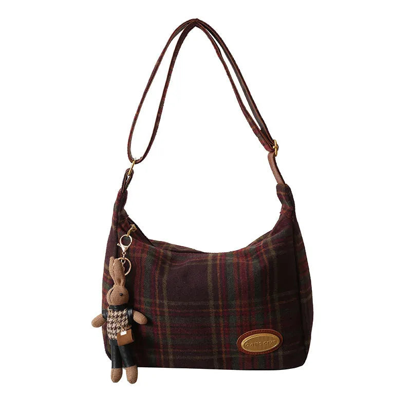 Large capacity woolen shoulder bag for women, horizontal square shape, brown colour with pendant