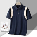 Men's loose fit cotton short-sleeved T-shirt with business lapel collar in a striped pattern.