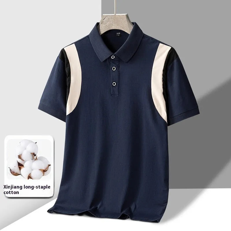 Men's loose fit cotton short-sleeved T-shirt with business lapel collar in a striped pattern.