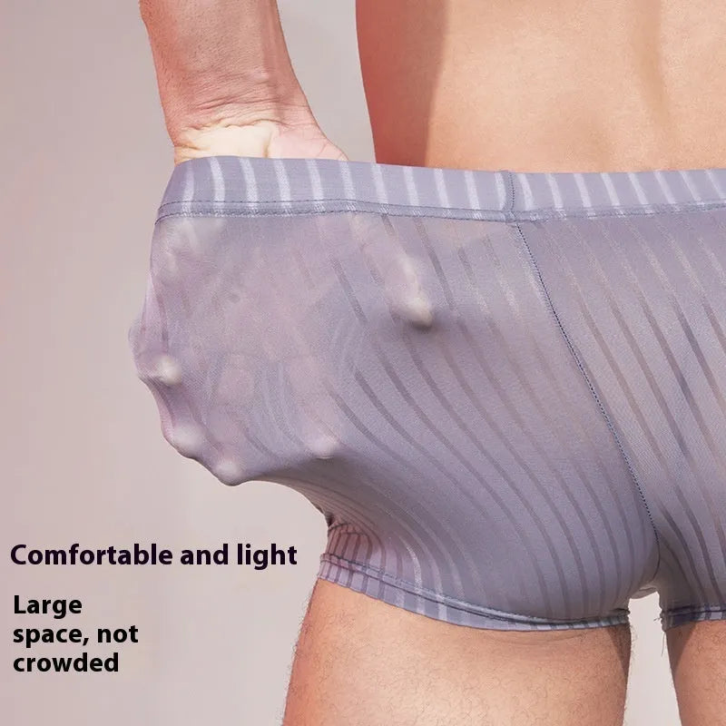 Men's striped underwear briefs in thin transparent nylon fabric showing black white dark grey colour options