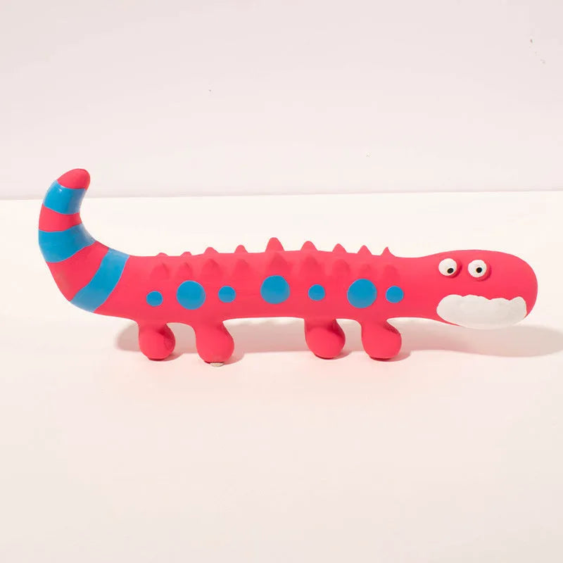 Green lizard-shaped dog chew toy with textured latex surface and squeaker function