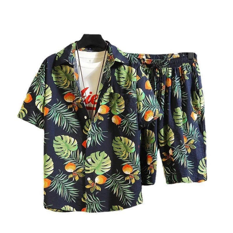 Digital printing men's casual short sleeve suit set with polyester top and trousers in multiple colours