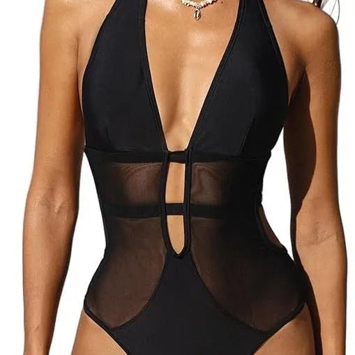 Women's V-neck hanging neck mesh black one-piece nylon swimsuit for swimming and wading