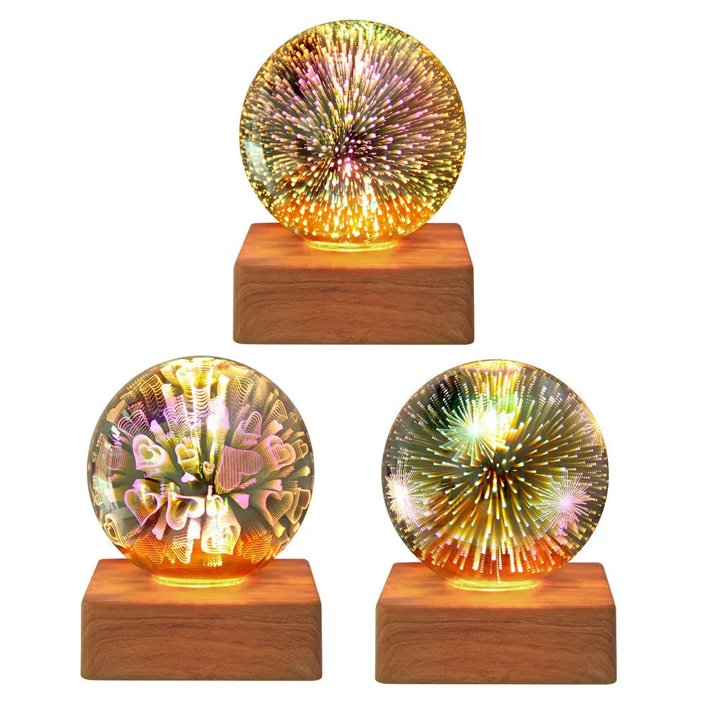 USB 3D firework crystal ball night light with warm LED, touch control, and starry sky effect on a wooden desk