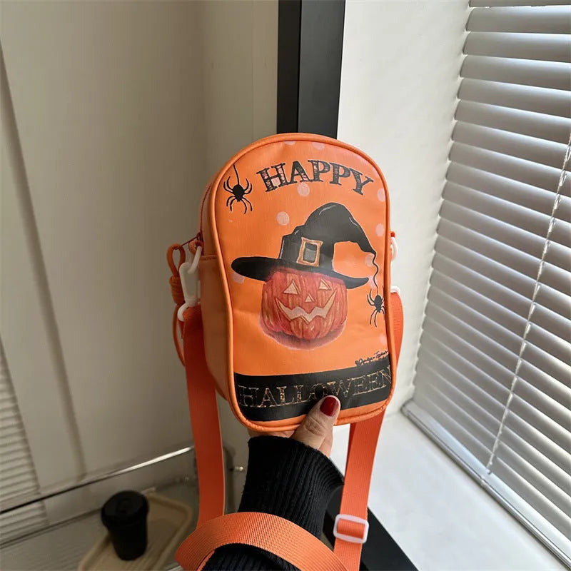 Halloween graffiti crossbody phone bag with pumpkin ghost bat prints in multiple colours