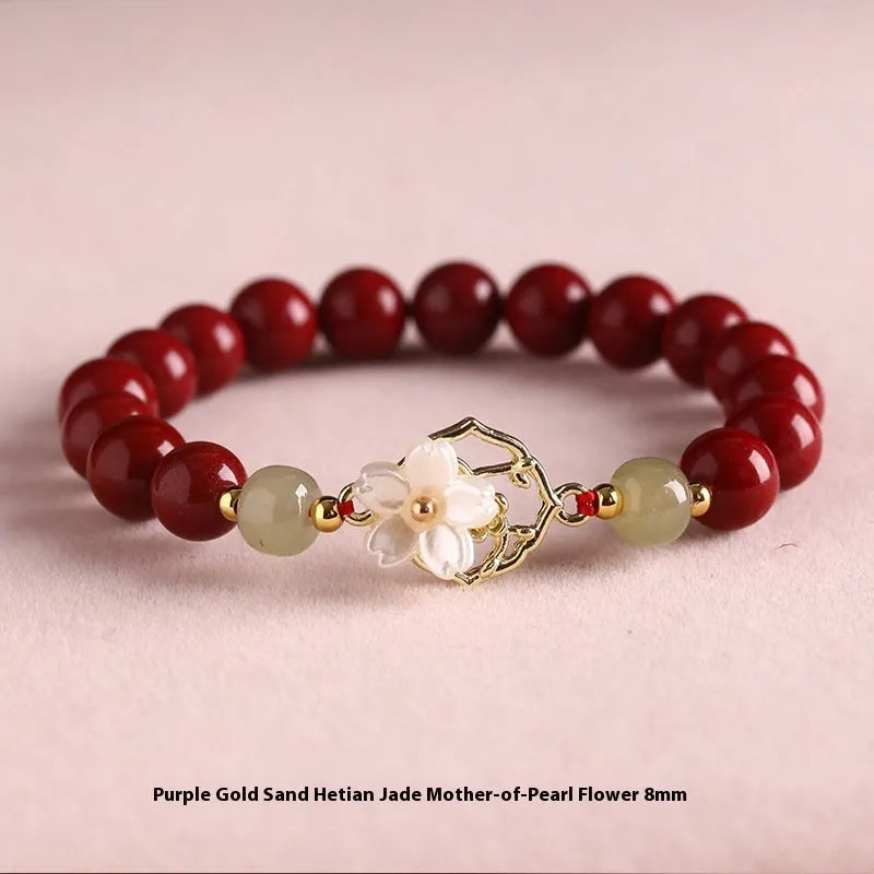 Natural Hetian jade white butterfly bells of Ireland sinology bracelet with cinnabar lotus motif, New Chinese style, 8mm beads, wrist size 18cm