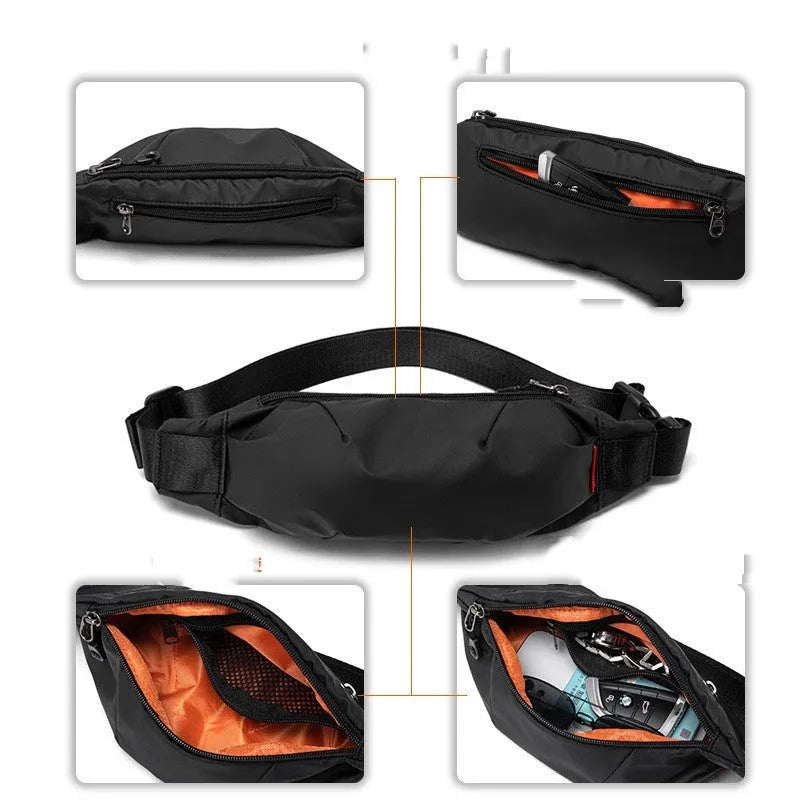 Black Oxford cloth waist pack for men with zipper and internal phone pocket