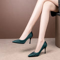 Woman's stiletto high heel in plain design, pointed toe, shallow mouth, artificial PU upper, available in black, green, wine red, sizes 34-39