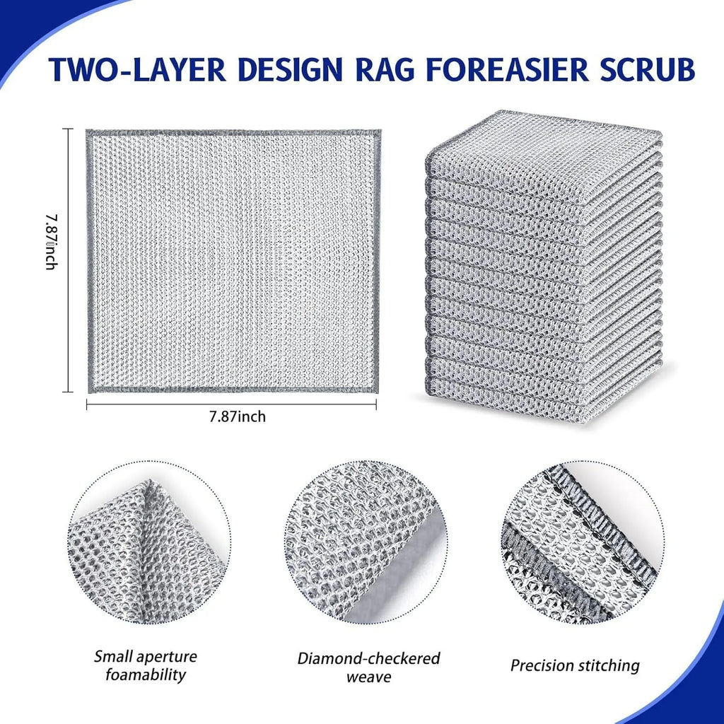 Silver silk double-sided scouring pad with steel wire ball and microfiber, shown in 20cm and 25cm sizes.