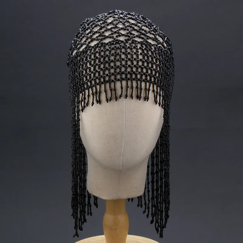 Handmade belly dance hat with beaded alloy construction and tassels in black or silver