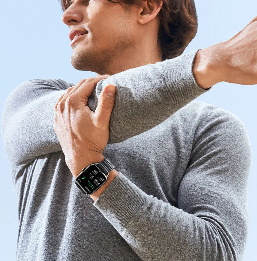 HAYLOU RS4 Plus smartwatch in black with AMOLED display showing fitness stats.