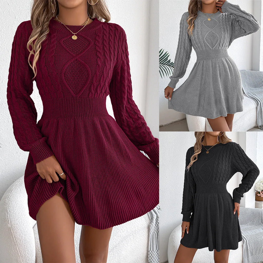 Women's artificial fur sweater dress with lantern sleeves and elastic waist in wine red colour