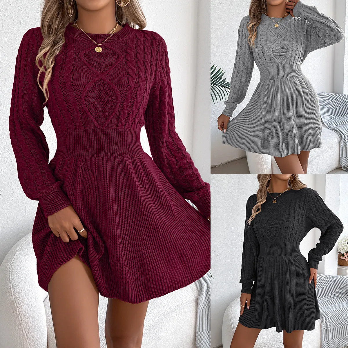 Women's artificial fur sweater dress with lantern sleeves and elastic waist in wine red colour