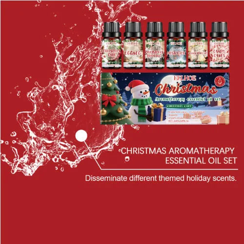 Christmas aromatherapy oil set showing six bottles in two sizes for seasonal home fragrance