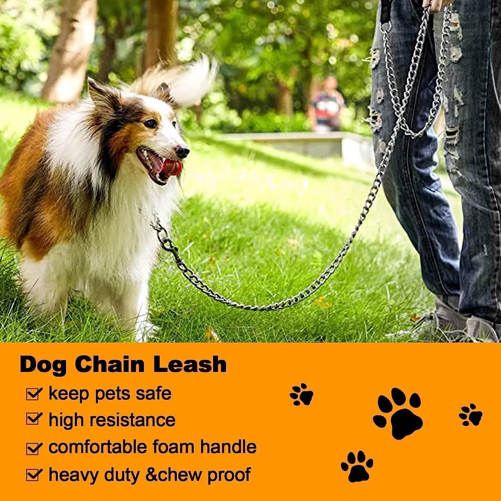 Heavy duty metal dog chain leash with soft padded handle, shown in black colour