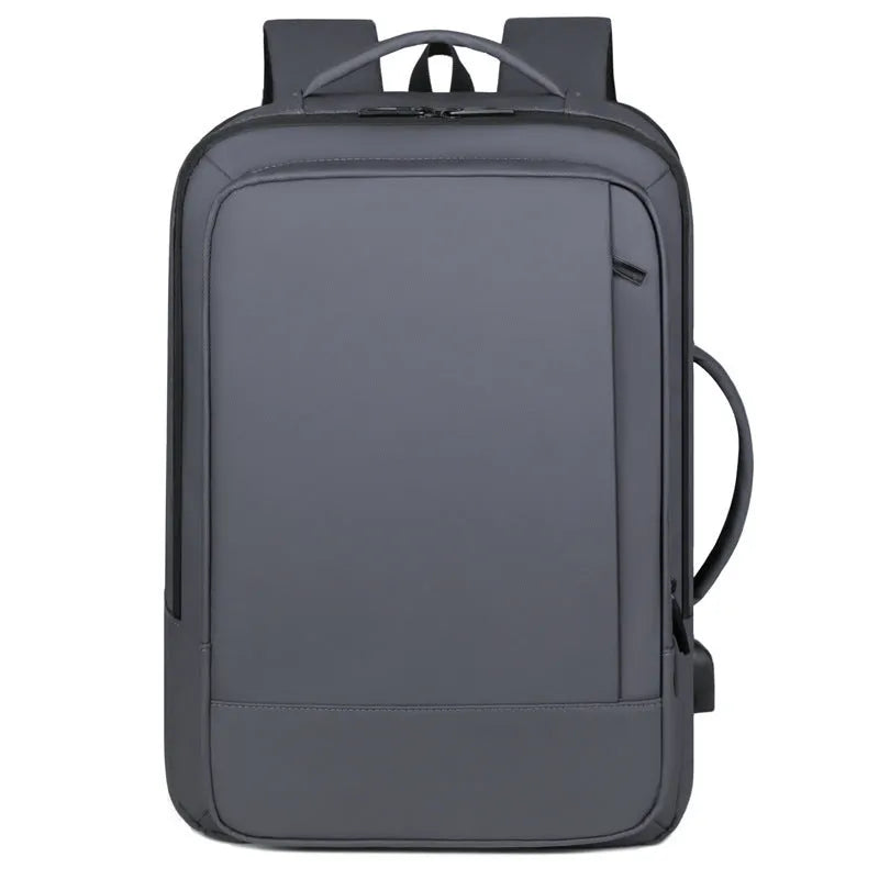 Large capacity black backpack for business travel and outdoor use with curved shoulder straps