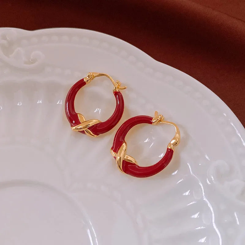 Real gold plating red enamel earrings for women copper geometric ear clip letter motif