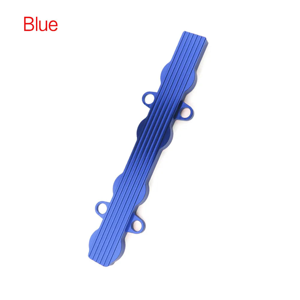 Aluminium alloy engine harness mounting bracket in blue, red, or silver finish, shown with and without pre-drilled holes.