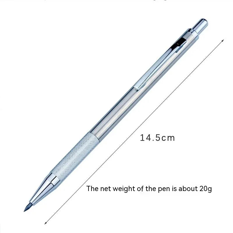 Silver metal automatic mechanical pencil with various lead size options shown.