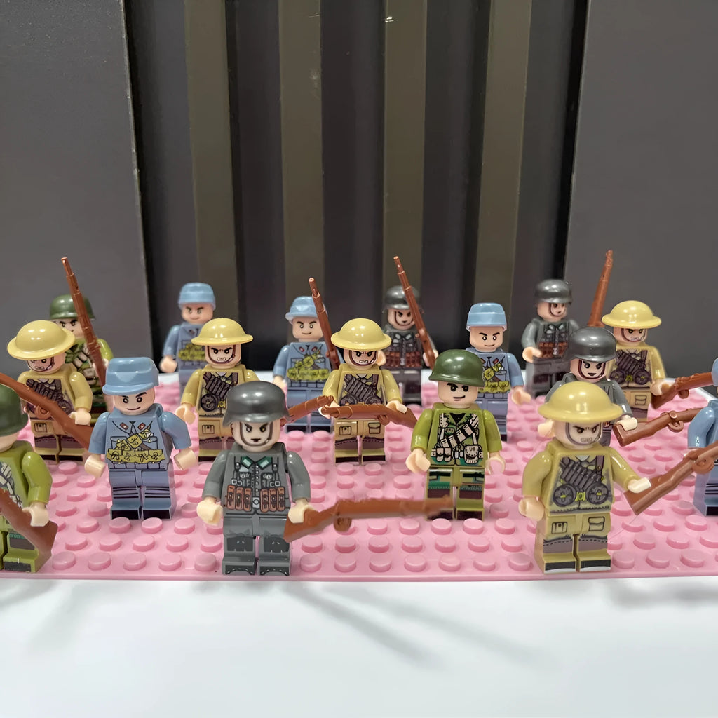 Small particle WWII military building block soldier minifigure toy set in plastic with British, American, German, and Chinese army options