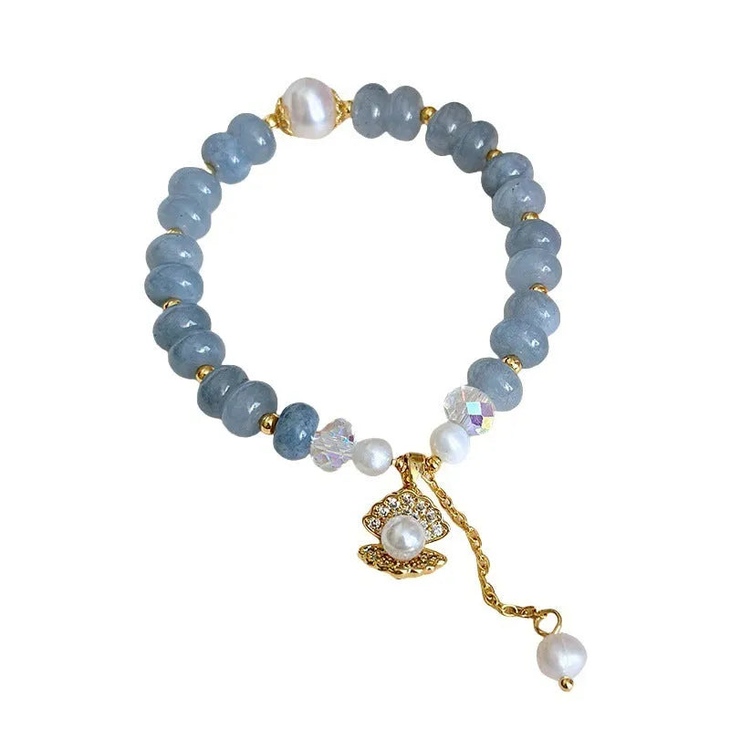 Natural aquamarine pearl shell healing bracelet for women handmade travel commemoration gift