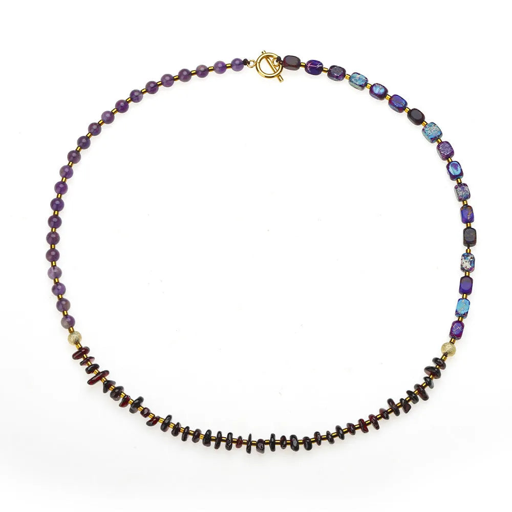 Amethyst round beads stone bracelet with garnet, handmade, unisex, purple colour, geometric shape