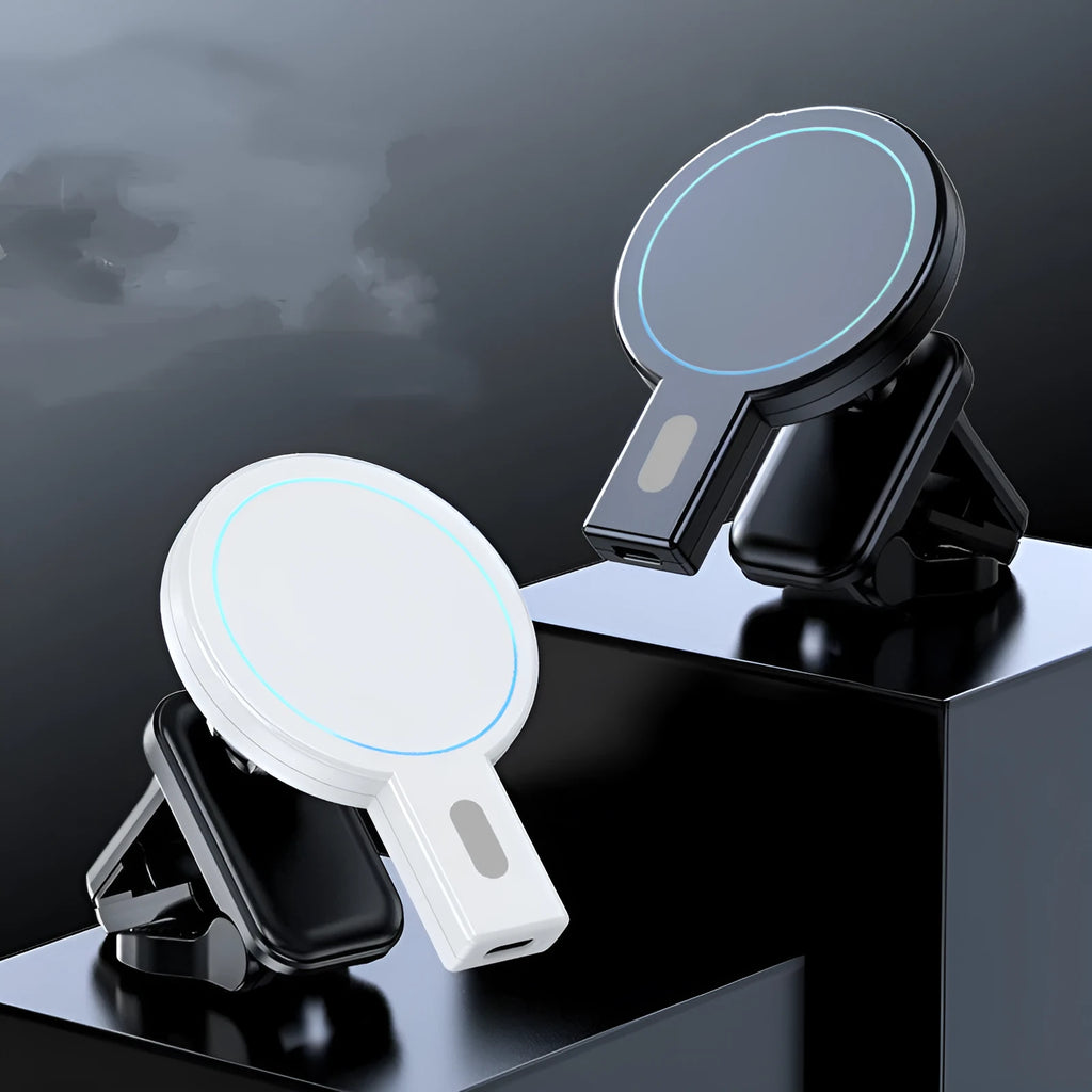Mobile magnetic absorption wireless charger in black or white with compact design and USB cable