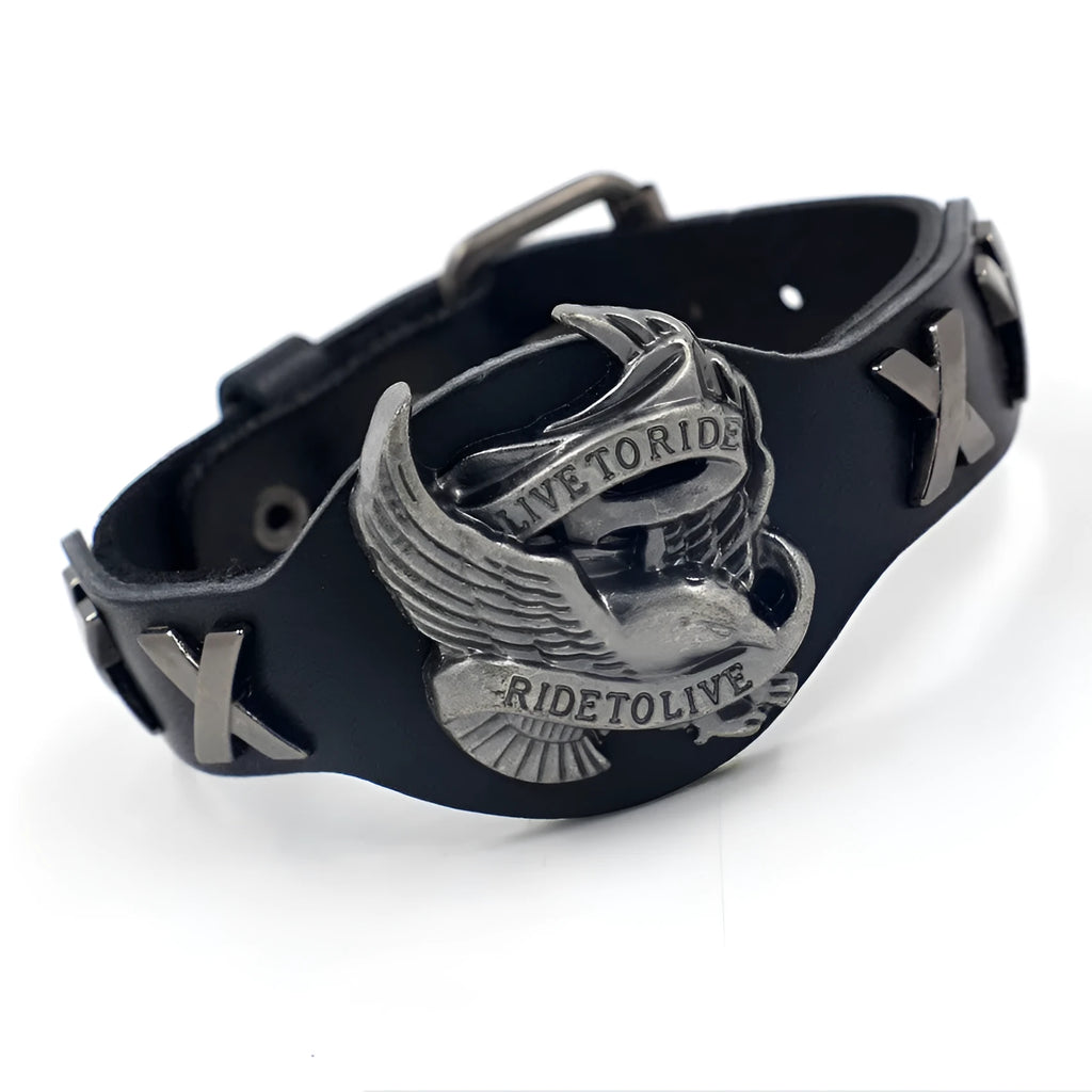 Black leather geometric eagle watch-bottom bracelet with 26cm length and unisex European American style design