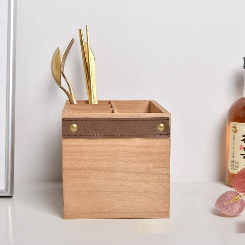 Wooden kitchen storage box with grid dividers for cutlery and chopsticks