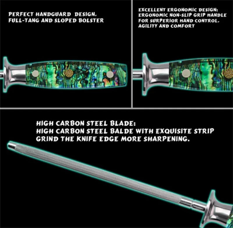 High carbon steel kitchen knife sharpener with abalone shell handle and diamond particles on blade