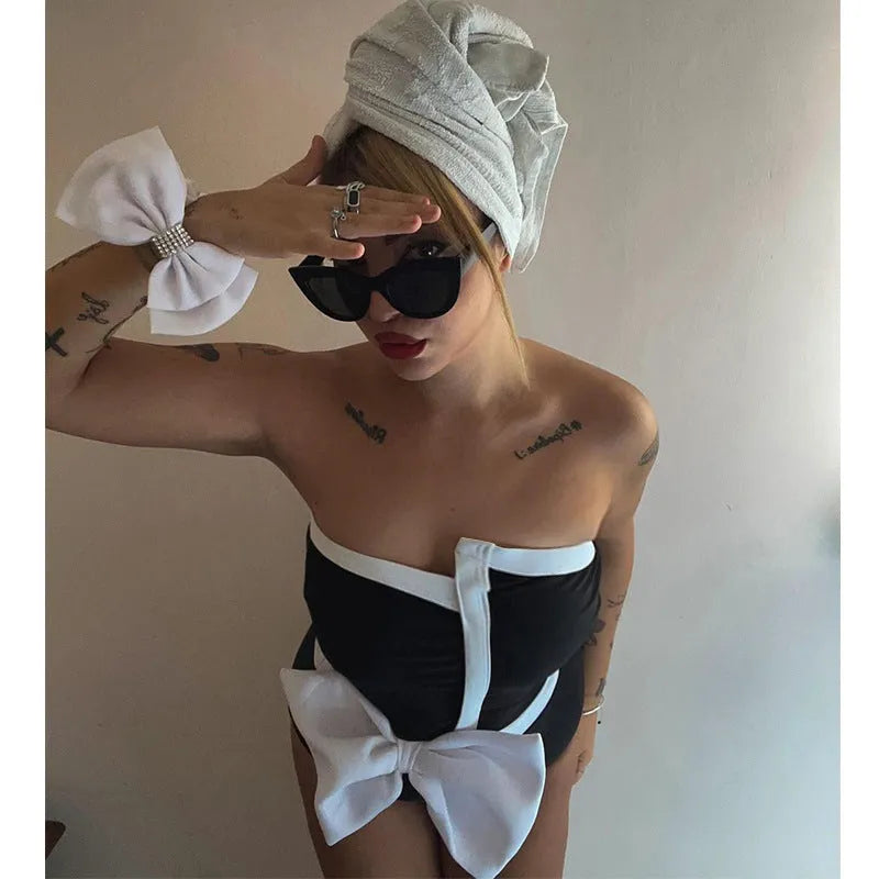 Black and white colour-block bow irregular tube top one-piece swimsuit for women with long skirt option