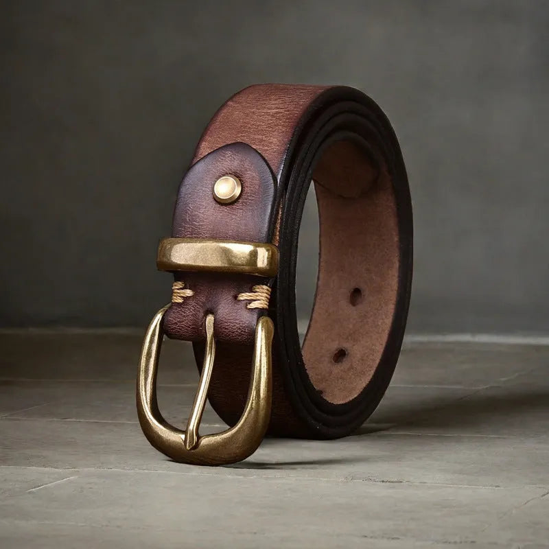 Men's cattlehide leather belt with copper pin buckle in black, brown, or khaki colour