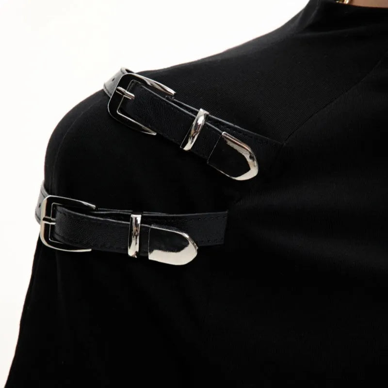 Men's black cotton t-shirt with stand-up collar featuring metal accessories