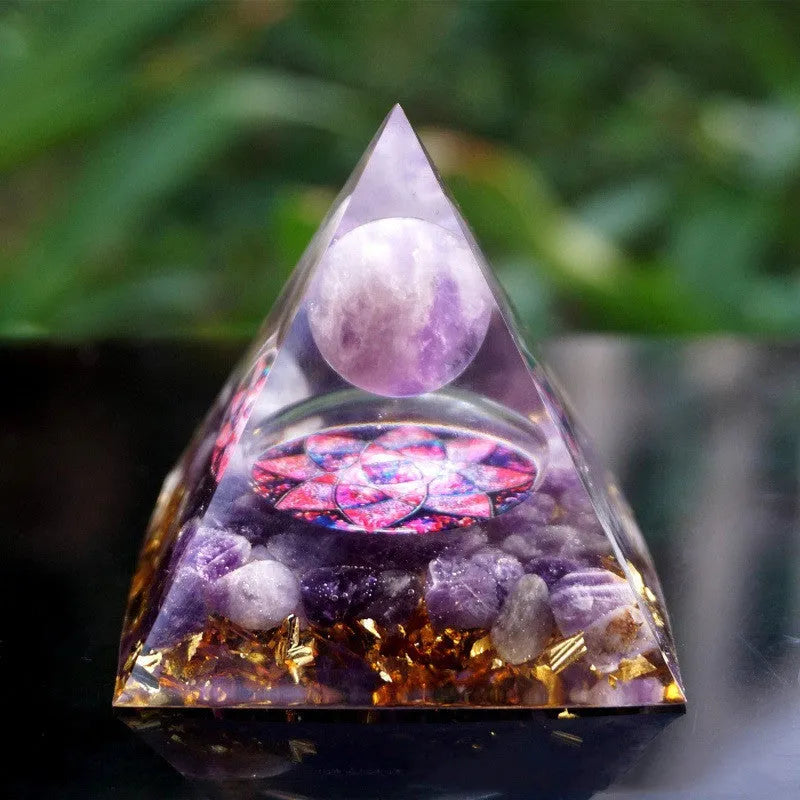 6cm crystal epoxy resin pyramid ornament with natural crystal gravel interior, geometric design, colour options available