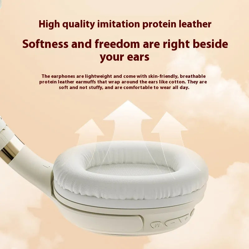 Wireless Bluetooth headphone head-mounted gaming headset in cream colour, PC ABS material, with noise reduction microphone.