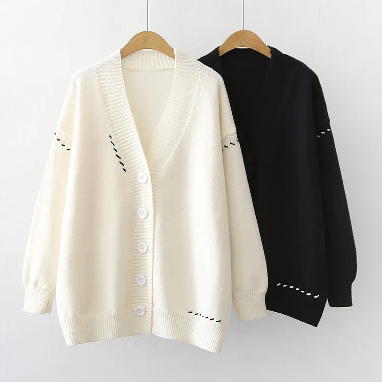 Women's black knitted cardigan top coat with long sleeves and loose fit