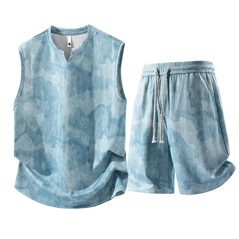 Sleeveless vest suit two-piece set in black blue for plus size women with quick-drying hemp fabric