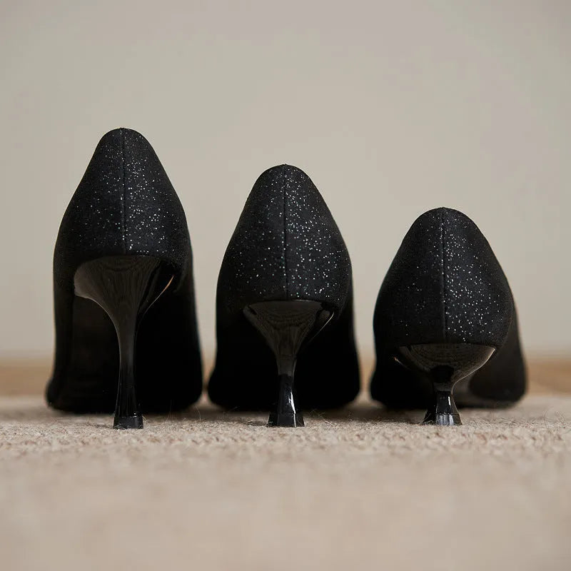 French style sequined black high heels with 7cm thin heel and low upper