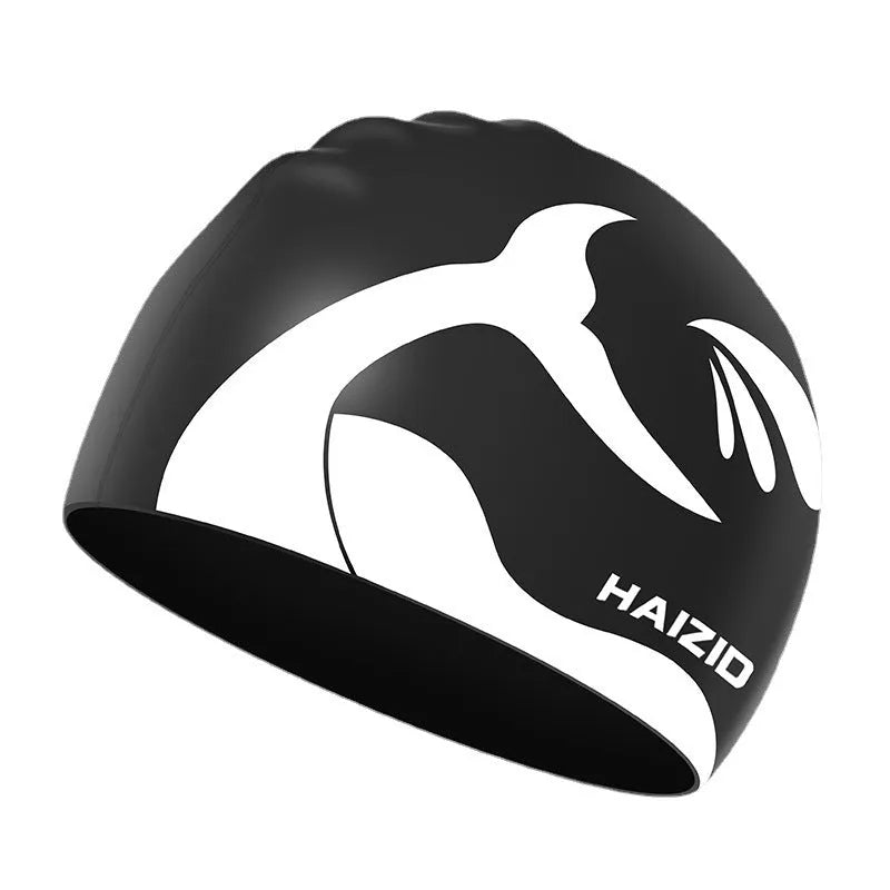 Silicone swimming cap with whale tail pattern and waterproof ear protectors in various colours