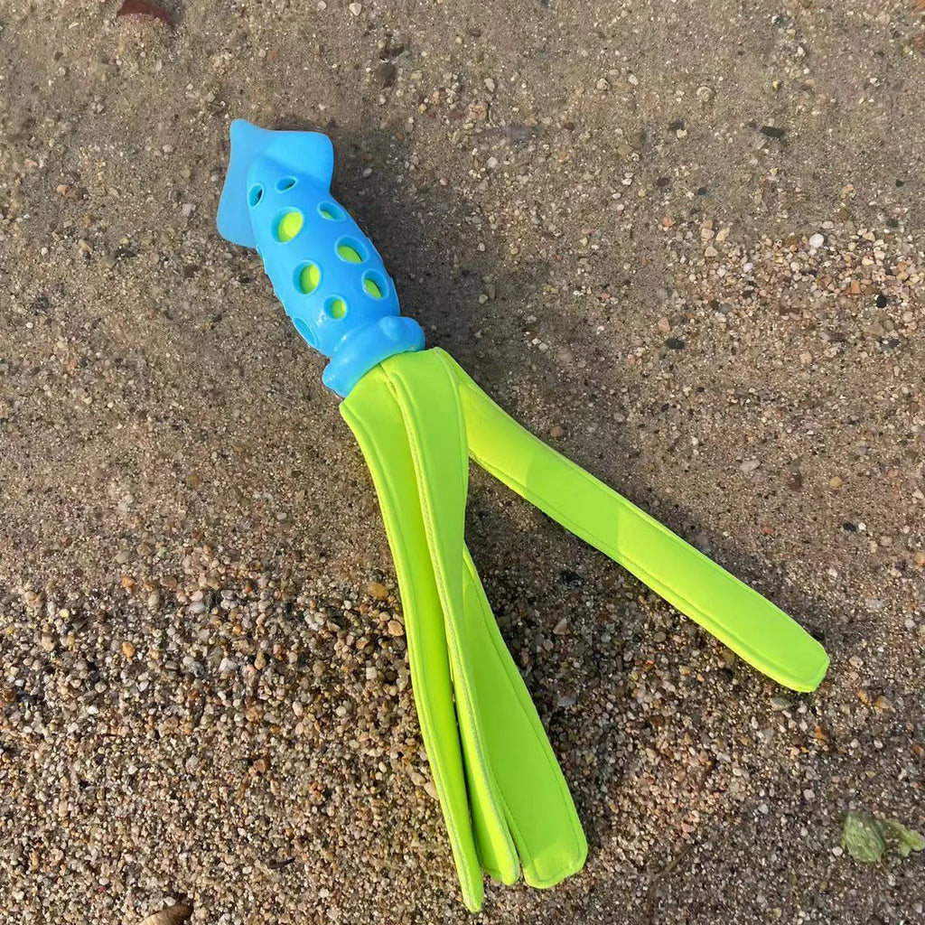 Blue dog chew toy shaped like a cuttlefish with squeaker for teeth cleaning and interactive play