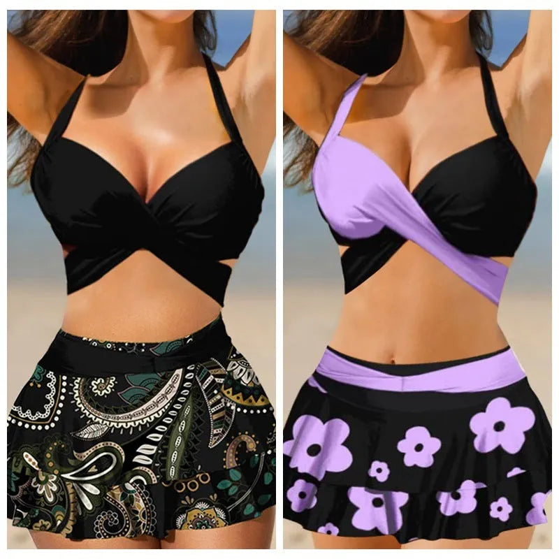 Women's black lace-up bikini with a matching high-waisted split skirt.