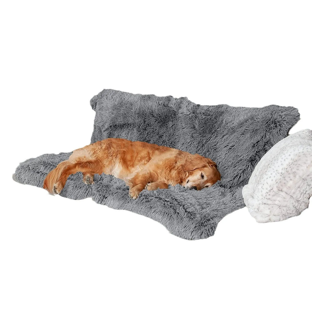 Plush waterproof double layer dog cushion in dark gray, showing soft fabric surface and edge stitching