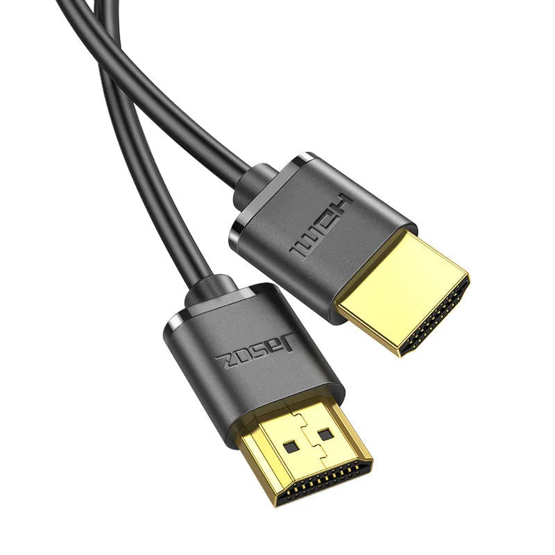 HDMI cable with gold-plated connectors and thin flexible design showing length options for computer monitor connection