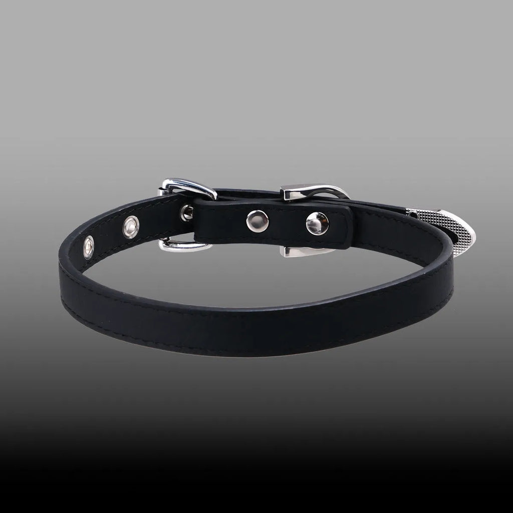 Black genuine leather subculture collar with alloy geometric pendant on dark background