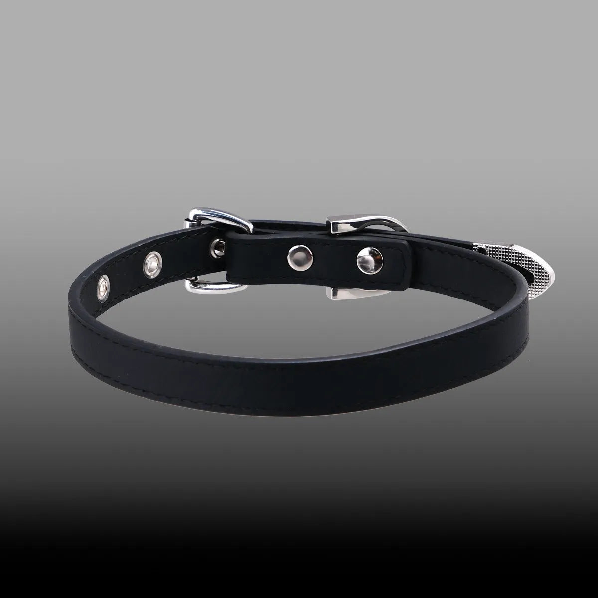 Black genuine leather subculture collar with alloy geometric pendant on dark background