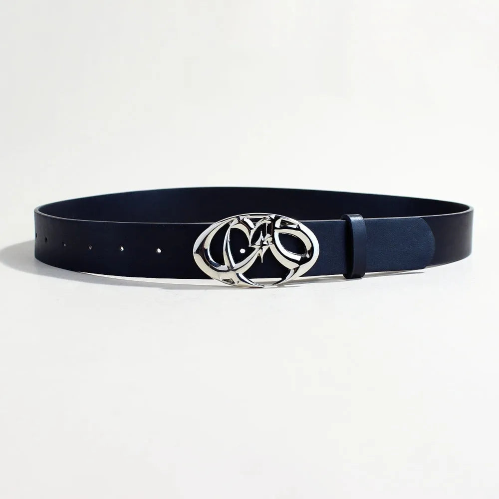 Casual snap button belt in PU leather with alloy buckle, showing 105cm length and 3.3cm width