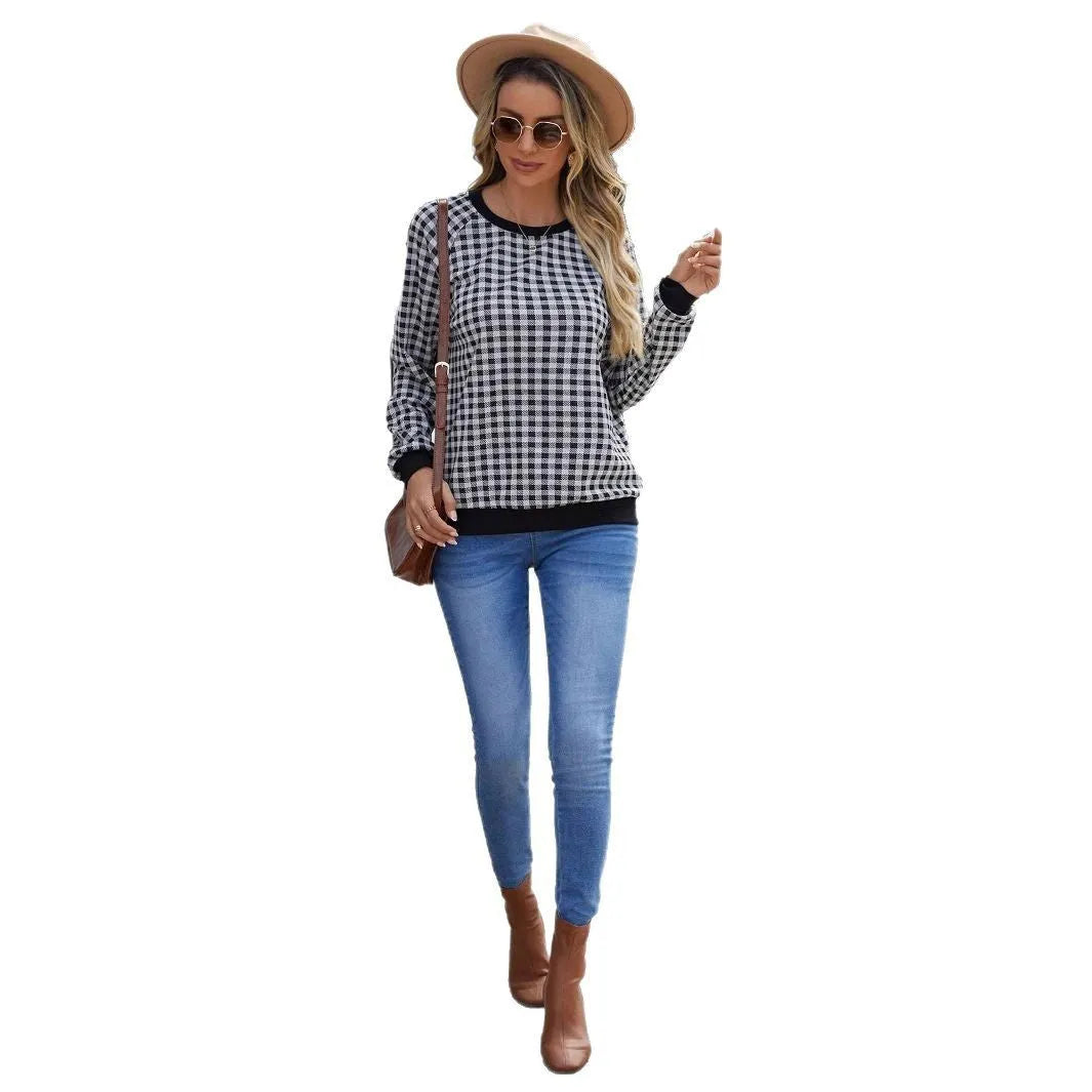 Black Japanese sweet plaid striped pullover sweater with long sleeves