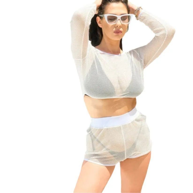 Women's white transparent beach swimsuit top and skirt set for sun protection