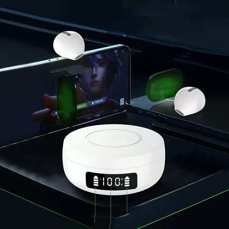 Mini wireless semi-in-ear headphones with wireless charging case in black, white or colour