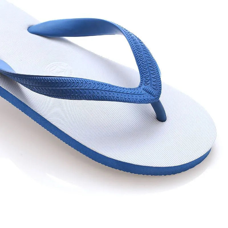 Men's rubber flip-flops with fish label design in black, blue, green, or red, showing non-slip sole.